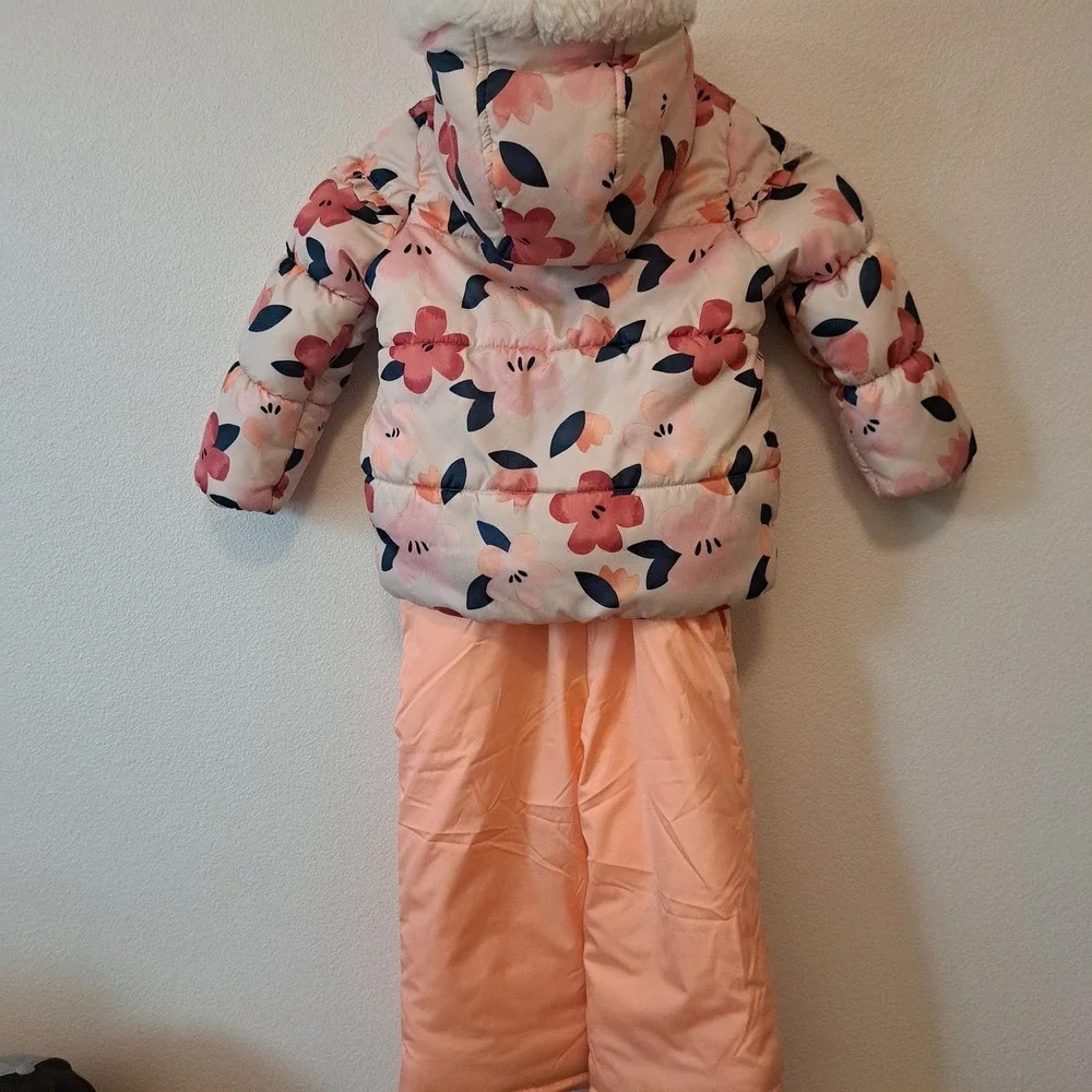 Carters Girls 4T Floral Puffer Jacket and Peach Snow Bibs 2 Piece Snowsuit Set